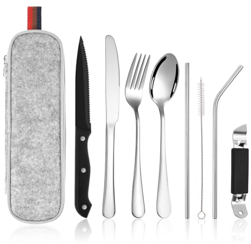 HOTUT Camping Cutlery Set, 9 PCS With Portable Pouch Case, Black Set Include Forks Knives Spoons Straw Chopstick, Stainless Steel for Outdoor Travel Picnic - Silver