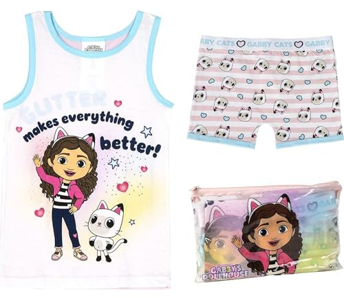 CERDÁ LIFE'S LITTLE MOMENTS Gabby's Dollhouse Set mit kurzen Trägern und Kosmetiktasche für Mädchen, Weiß, Rosa und Blau, 3 Jahre