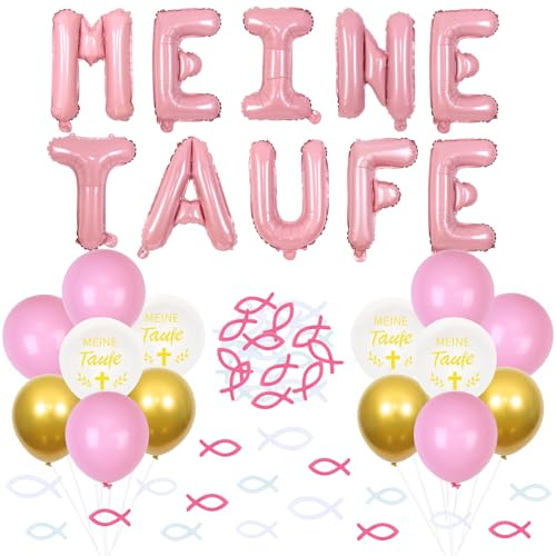 Fangleland Meine Taufe Deko Mädchen, Dekorationen für die Taufe Rosa Meine Taufe Folien Ballon Banner Holz Fisch Streudeko Luftballons für Kommunion Taufe Party Dekoration