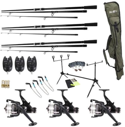 FISH-XPRO Karpfen Set Plus 3-Rod - Karpfenrutenset Schwarz - 96-teilig - Bissanzeiger - Swinger - Rodpod - Hintere Stützen - Fehlerbehebung - Extra Erweitert - Alles was Sie Brauchen!