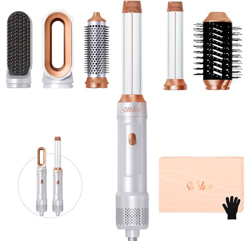 UKLISS Haarstyler 6 in 1, Warmluftbürste Set mit Rundbürstenföhn Airflow Lockenstab Automatisch Thermal Brush Föhn Rundbürste Airstyler für Haare Glätten, Trocknen, Volumen, Locken (Weiß-Gold)