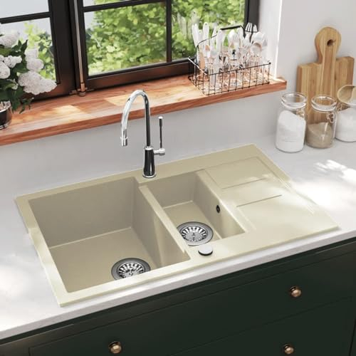 CIADAZ Fregadero de Cocina de Granito con Dos Senos Beige, Mueble Pila Lavadero, Pila Fregadero Cocina, Fregadero sobre Encimera, Fregadero Baño Encimera, Picas De Cocina 144858