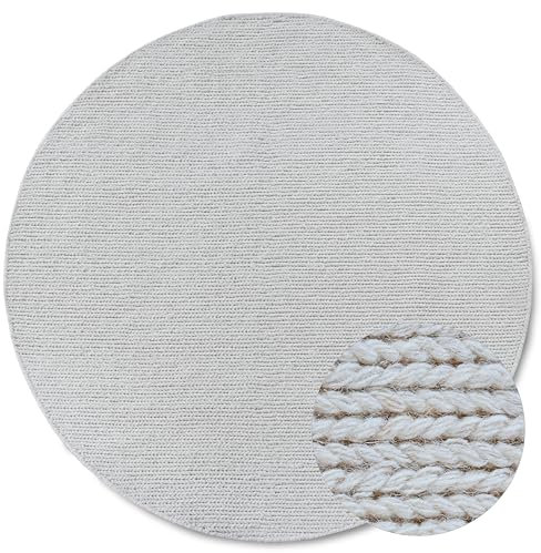 Villeroy & Boch Wollteppich Francois Rund - Natur Wohnzimmerteppich - Handgewebt & Natürlich - Boho Teppich Wolle für Wohnzimmer, Schlafzimmer, Esszimmer, Flur, Küche – Natur Weiß, 200cm