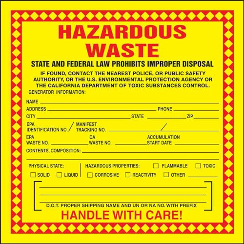 CDXHOME Etichette per rifiuti pericolosi, 25 pezzi, con scritta HAZARDOUS Waste – State and Federal Law Proibits Improvviss Improvvis... handle with care!, adesivi in vinile per uso industriale,