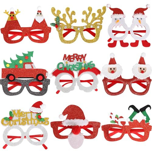 VITEVER Weihnachtsbrillen, 9 Stück Partybrillen Set Kreative Weihnachten Brillen Party Gläser Cartoon Nette Sortierte Partybrillen Lustige Brille für Partydekoration