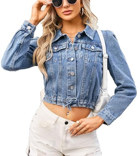 Women's Puff Sleeve Short Denim Jacket Womens Vintage Washed Slim Fit Cropped Jean Trucker Jacket