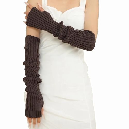 CHIC DIARY Arm Warmers Long Fingerless Gloves for Woemn Knit Mitten Y2K Wrist Warmer with Thumb Hole For Winte, Coffee, One size