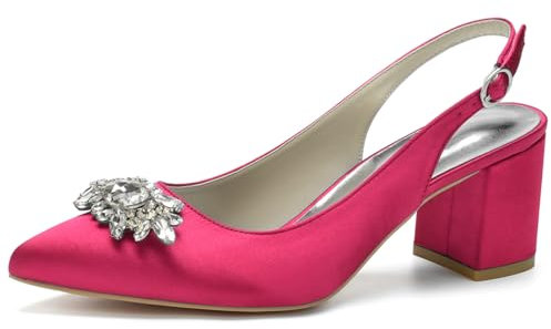 FQMAYPO Per Donna Matrimonio Tacchi a Spillo Punta Chiusa Punta Media Tacco a Blocco Classico Grosso Décolleté da Sposa Raso Strass Scarpe da Sera,Fuchsia,38 EU