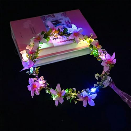 ENLACE LED Blumenkranz Haare,2 Stück Led Haarkranz Blumen Festival Zubehör,Festival Haarschmuck Leuchtend für Frauen Mädchen,Rosa Lilien Led Blumenkranz Kopfschmuck Geburtstag Hochzeit Weihnachten