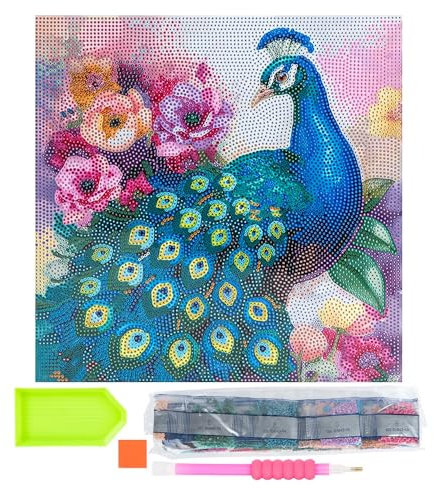 Ideen mit Herz Diamond-Painting-Motivleinwand auf Keilrahmen | 30 cm x 30 cm | Set inkl. Werkzeug (Pfau)