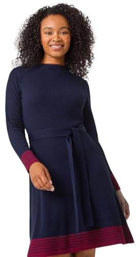 Roman Petite Stripe Knitted Midi Dress for Women UK - Ladies Everyday Autumn Winter Round Neckline Comfy Soft Evening Vacation Work Party Night Out - Petite Navy - Size 16