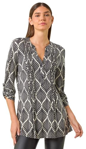 Roman Originals Pintuck Shirt for Women Ladies Jersey Blouse Collarless Top Flare Crinkle Notch Neck Tunic 3/4 Length Sleeve Longline Smart Casual Everyday Party Going Out - Ivory - Size 12