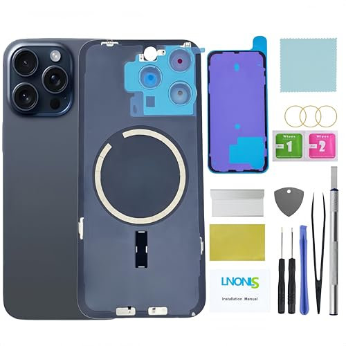 LNONLS 15 Pro Max Back Glass Replacement for iPhone 15 Pro Max Rear Back Cover Glass Waterproof and Camera Lens+Professional Repair Tool Kit (Blue Titanium)