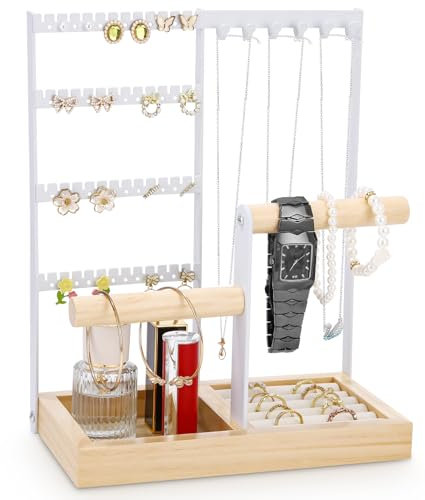 Cexovo Porte Bijoux Femme 4 Étages Porte Bijoux Femme Présentoir à Bijoux Porte Chaîne Presentoir Collier avec Plateau et Crochets pour Chaînes Bagues Bracelets Montres
