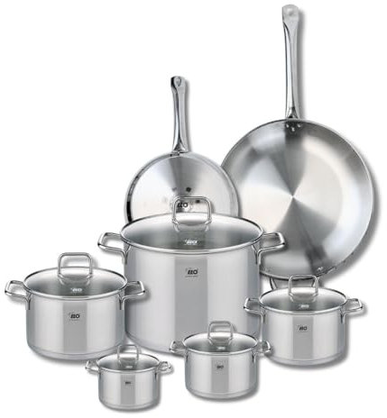 ELO 9507650 Batterie de cuisine 7 pièces, Ensemble de 2 Poêles de cuisson 24 et 32 cm et 5 faitouts 12, 14, 16, 20 et 26 cm Elo Profi Citrin, inox, induction, Gris Ardoise