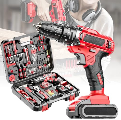 Caisse a Outil avec Perceuse Visseuse Multifonction Sans Fil 21V, 117 Pièces Malette Outils Complete avec 2 1500mAh Batterie, Ensemble d'Outils avec Perceuse pour Réparation, Entretien et Travail