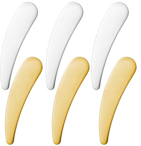 Wanmu Lot de 6 mini spatules de maquillage en métal réutilisables, pour soins de la peau, cuillère cosmétique, lotion, massage du visage, crème des yeux, échantillonnage (argent, doré)