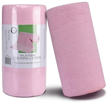 Socrates Microfiber Cleaning Cloth Roll – 50 Tear-Away, Ultra-Absorbent, Reusable, Washable, Quick-Dry Towels in Pink