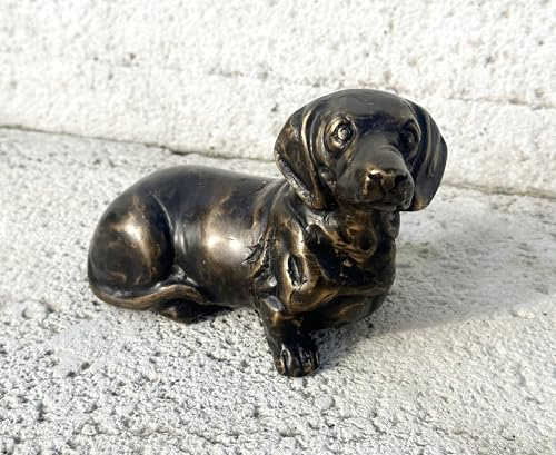 STEINFIGURENWELT GIEBEN Bronzefigur Hund Dackel 15cm lang Dekoration aus Bronze Skulptur Tier Figur Deko Geschenk Bronzestatue Wetterfest