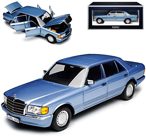 Mercedes-B 560 SEL S-Klasse Hell Blau Metallic W126 1979-1991 1/18 Norev Modell Auto mit individiuellem Wunschkennzeichen