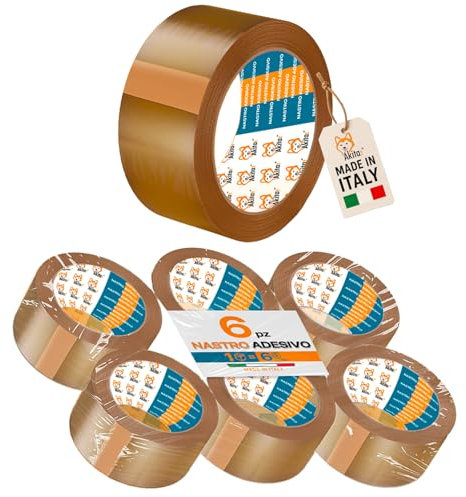 AKITAInk Nastro Adesivo Marrone per Imballaggio 6 Rotoli Avana – 50mm x 66m x 76mm – PP Silenzioso, Alta Aderenza, Resistente a Strappi – Ideale per Pacchi, Scatole, Spedizioni e Trasloco