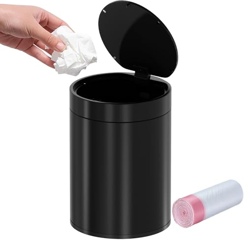 SolaceCove Table Bin, 1.5 Litre Mini Desk Rubbish Bin with Pop Up Lid, Stainless Steel Small Table Round Wastebasket, Tea Bags/Garbage Storage for Offices, Homes, Bathrooms and Cars (Black)