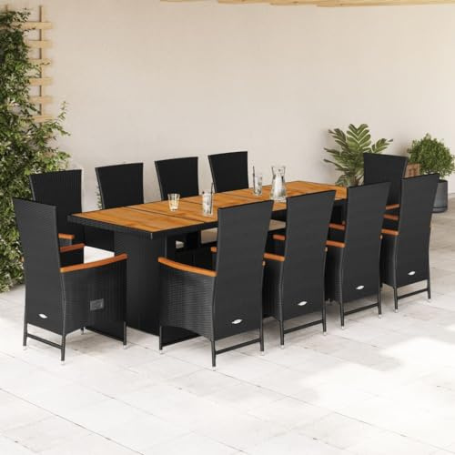 Teenpull 11-TLG. Garten Essgruppe mit Kissen Schwarz, Poly Rattan Esstisch Set für Terrasse, Balkon, Gartenmöbel für 10 Personen, verstellbare Stühle, Akazienholz Tischplatte