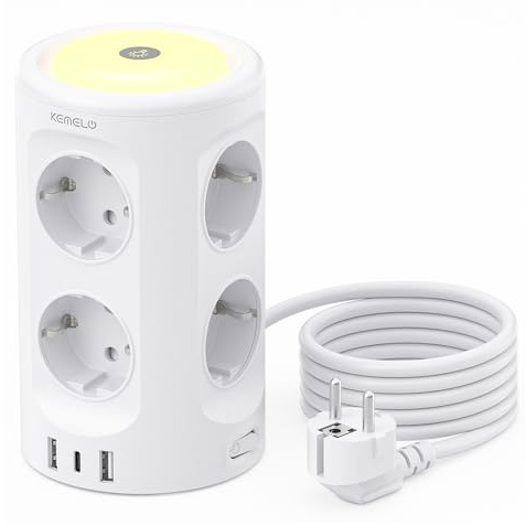 Multiprise 8 prises avec veilleuse et USB C, multiprise avec interrupteur unique, rallonge de 2 m, prise de distribution, avec protection contre les surtensions, tour de prise, blanche