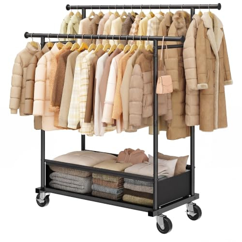Klyvvo 110cm Doppelter Kleiderständer auf Rollen, 48L Wäschekorb, Schwarz | 110KG Traglast Stabil Kleiderständer, Kleiderstange für Mäntel, Jacken, Pullover, Kleider, Schlafzimmer, Mietwohnung