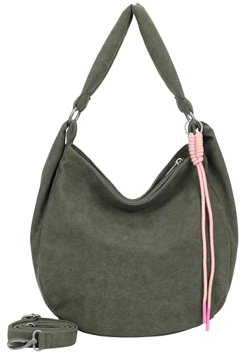 Fritzi Sue01 Suede Jacky Soft Hobo Handtasche Kunstleder Damen Umhängetasche Festival City vegan Suede-Optik Kordelanhänger 31 x 29 x 12 cm – Anthrazit, Oliv, Braun, Graublau