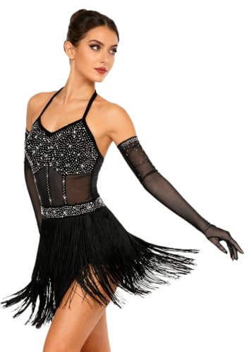 Monduelle Femme Décolleté Robe De Danse Latine Compétition Cha-cha | Monduelle Femme Robe De Danse Samba Tango Rumba Ballet Body-Jupe Avec Gants Soirée Sans Manches