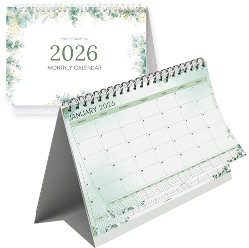Tischkalender 2026 A5 - 12 Monate Stehender Flip-Kalender Montag Start Premium 120 g/m² Papier Doppeldrahtgebunden Stabiler Dreieckständer Schlüsseldatenseite Referenzkalender Büro & Home Desk (Grün)