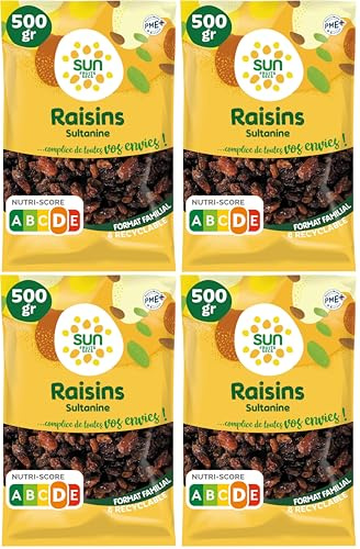 SUN - Raisins Secs Sultanine 500 g - Moelleux, Fruités & 100% Naturels - Pour Snacking, Apéritif, Cuisine & Pâtisserie - Raisins Bruns Séchés - Pâtisserie, Couscous, Tajine, Taboulé, Apéro (Lot de 4)
