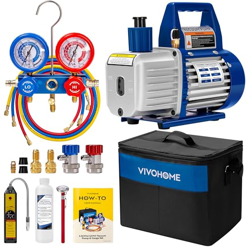 VIVOHOME Kit Pompe à Vide 4CFM Monostage avec Manomètres | Bouteille d'Huile Détecteur de Fuites et Sac de Transport pour Service et Charge de Climatisation HVAC Automobile