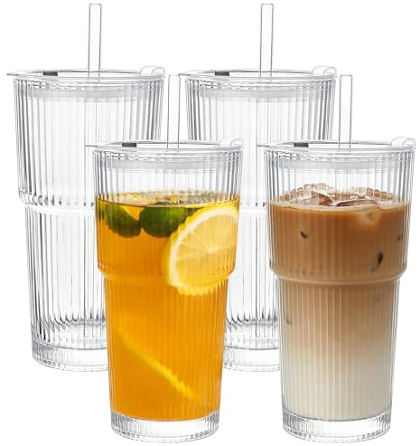 Wieat Glass Tumblers, 550ml Leakproof Glasses with Glass Straws and Lids, Leakproof Cups, Clear Drinking Cups for Iced Latte, Smoothie, Matcha, Cold Drinks (Set of 4)