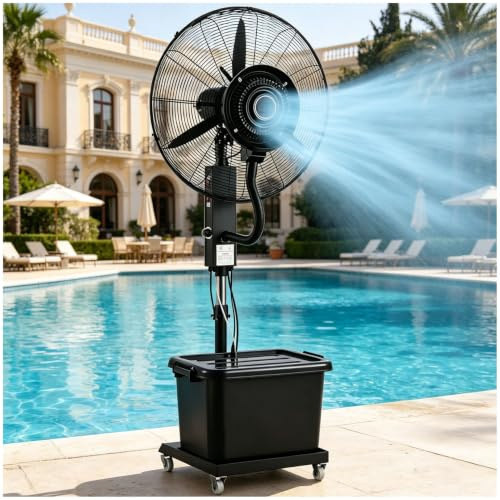 Ventilador Nebulizador 42L, Alta Velocidad Industrial con Altura Regulable 160‑200cm, 3 Velocidades y Valor de Niebla Ajustable, Oscilación 90°, para Refrigeración Exterior, Patio, Taller(81cm/32in)