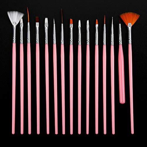 Nail Art Brush Set for Detailing, Striping, Blending, One-Stroke Nail Art with Gel Brushes, Painting Brushes, 3D Brush, Dotting Tool, Fan Brush and Liner (15 Pcs Pink Brushes)