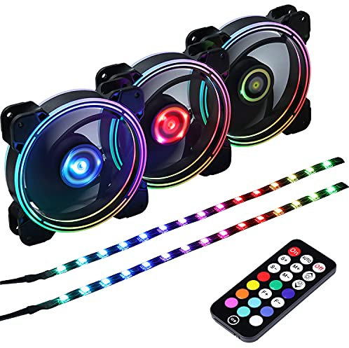 DS 120MM Wire Rainbow RGB Case Fans for PC Cases, Full Tower, Middle Tower (3pcs LED Fans and 2pcs LED Strip, RF Controller, D Series)