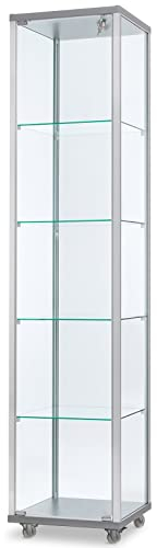 MHN Glasvitrine T 41,7 x B 41,7 x H 183 cm - schmale Ausstellungs-Vitrine mit Unterschrank abschließbar - Glas Vitrinenschrank - Spiegel-Rückwand - ohne Beleuchtung