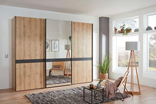 WIEMANN Rialto Kleiderschrank, Schwebetürenschrank, Schlafzimmerschrank, mit Schiebetüren, Breite 280 cm, mit Spiegel, Bianco Eiche, Holz, B/H/T 280x217x67 cm