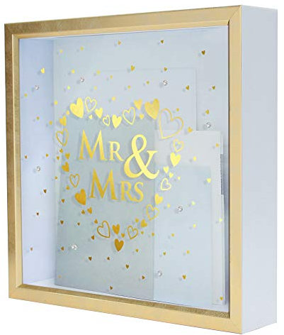 MIMOSA MOMENTS Box für Hochzeitsempfang, goldfarbene und weiße Schachtel mit Strasssteinen auf Glas (Mr & Mrs)