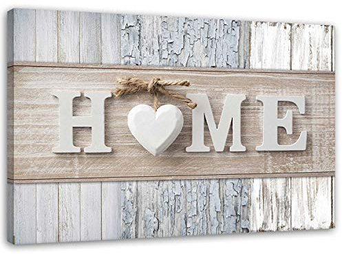 Feeby Bilder Home Herz Holz XXL 120x80cm 1 Teilig Wandbilder Leinwandbilder Bild auf Leinwand Wanddeko Kunstdruck Wohnzimmer Schlafzimmer Shabby Chic Vintage Retro Natur Beige Grau