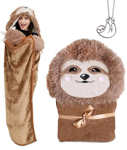 Wish Well Faultier Decke - Tragbare mit Anhänger Halskette Premium Sherpa und weichem Flanell Fleece Hoodie Warme Gemütlich Oversized Krallen Hand Handschuhe