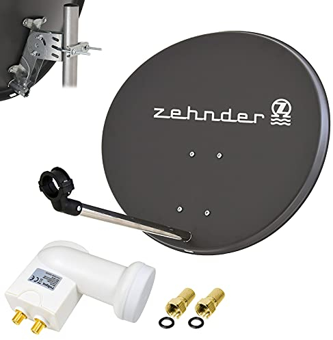 Zehnder 60cm Spiegel Schüssel Stahl + LogiSat Twin LNB | 2 Teilnehmer HD Digital SAT Anlage Set anthrazit | DVB-S/S2 Full HDTV 3D 4K Ultra HD UHD Empfang