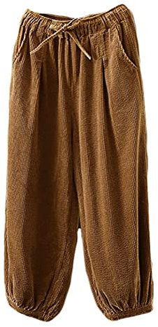 FTCayanz Pantalon Femme Velours côtelé Ample Sarouel Coton Tapered Trousers Élastiquée Taille Bloomers Pants Marron XL