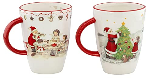 H.Bauer jun. Becher Set 2-teilig Keramik - 250 ml Weihnachtstassen, rot-weiß mit Schneelandschaft & Plätzchen-Motiv - festliche Kaffeebecher für Weihnachten, Advent & Geschenkidee