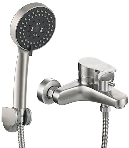 Ksunun Badewannenarmatur Edelstahl Gebürstet Badewanne Wasserhahn Wandmontage Einhebel Wannenmischer-Dusche Set mit 5-Funktion Handbrause und Brausehalter, Heiße Und Kalte Wannenarmatur
