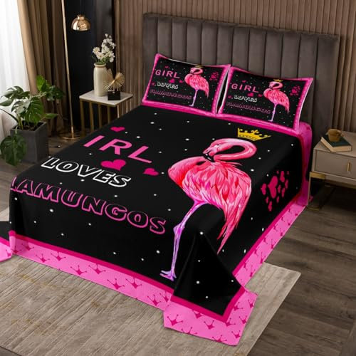 Flamingo Tagesdeck 220x240cm Wohndecke Tropisches Flamingo Muster Bettüberwurf Tierdeko Steppdecke für Jungen Mädchen Kinder Jugendliche Schlafzimmerdeko Vogeldruck Rose Rot Mit 2 Kissenbezug