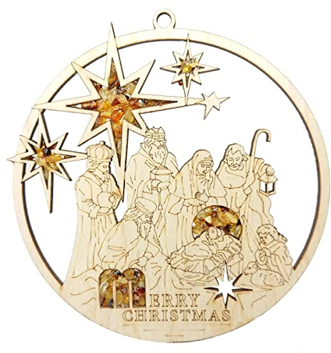 Fensterbild Fensterdeko Sonnenfänger Suncatcher Bernstein in Birkenholz Weihnachtskrippe Ø 11, inkl. Geschenkverpackung