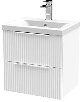 Hudson Reed DFF192A Fluted Modern Bathroom Wall Hung 2 Drawer Vanity Basin Unit with Mid-Edge Ceramic Basin, 500mm, Satin White